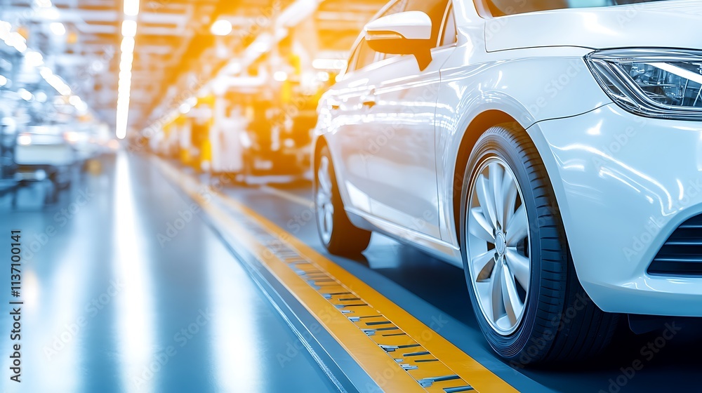 White Car Moves Along Assembly Line In Factory White Car Moves Along Assembly Line In Factory