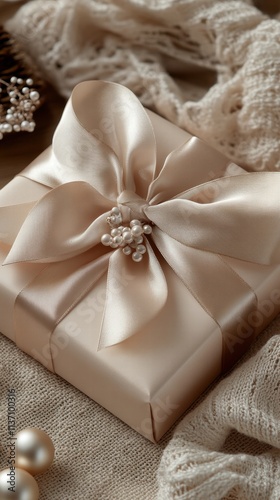 Wallpaper Mural Elegant Beige Gift Box with Pearl Bow Torontodigital.ca