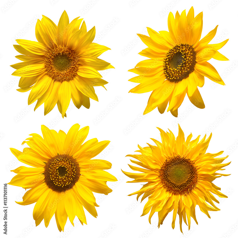 Sunflowers head collection isolated on white background. Sun symbol. Flowers yellow, agriculture. Seeds and oil. Flat lay, top view Sunflowers head collection isolated on white background. Sun symbol. Flowers yellow, agriculture. Seeds and oil. Flat lay, top view