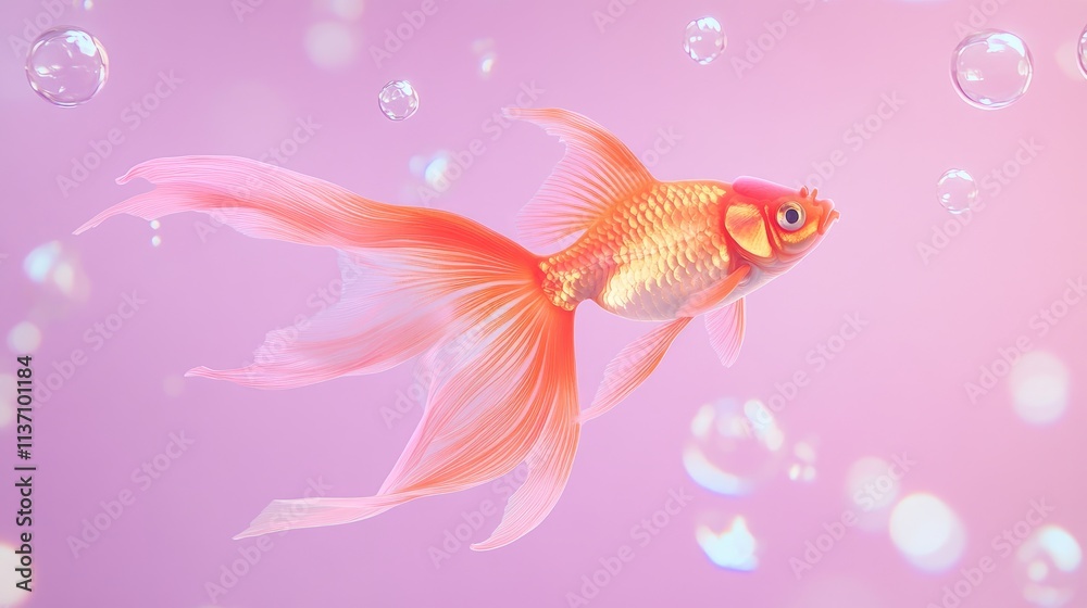 Stunning Digital Illustration of a Graceful Goldfish Swimming in Soft Pink Water Surrounded by Sparkling Bubbles and Dreamy Light Effects Stunning Digital Illustration of a Graceful Goldfish Swimming in Soft Pink Water Surrounded by Sparkling Bubbles and Dreamy Light Effects