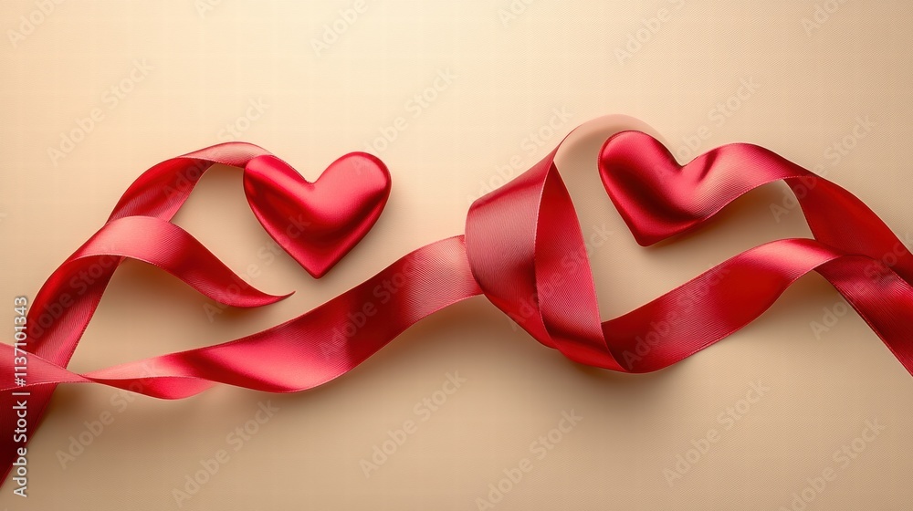 Romantic Red Hearts and Ribbon on Beige Background Romantic Red Hearts and Ribbon on Beige Background