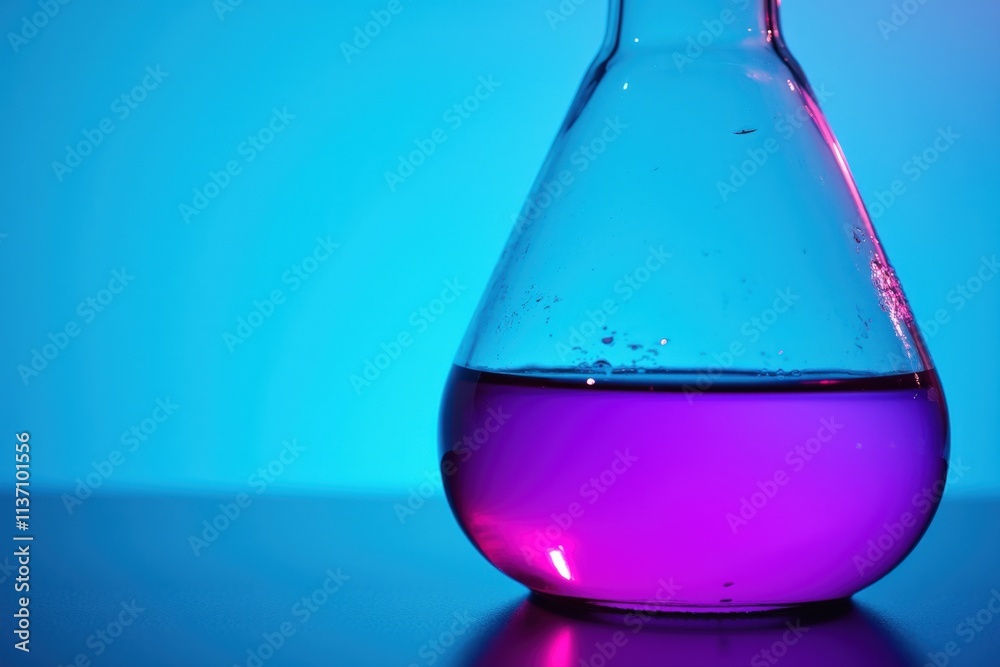 Vibrant Purple Liquid in a Clear Glass Flask against a Blue Background – Perfect for Science Education and Laboratory Decor Vibrant Purple Liquid in a Clear Glass Flask against a Blue Background – Perfect for Science Education and Laboratory Decor