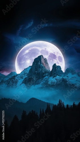 Surreal Moonlit Mountain Range Phone Wallpaper in Cool Blues and Purples