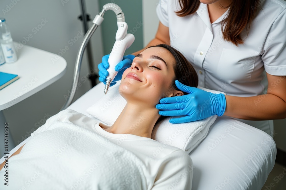 Fototapeta premium Professional Skincare Treatment: Woman Receiving Facial Treatment by Expert in Modern Clinic, Promoting Beauty and Wellness