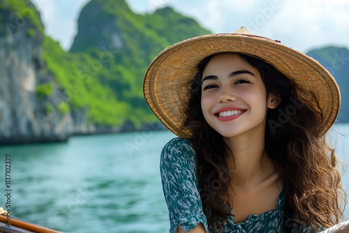 Happy young female tourist in traditional vietnamese non la conical hat smiles while cruising in ha long bay photo