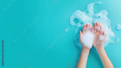 Hands with Soap Bubbles on a Bright Aqua Background Perfect for Hygiene, Cleaning, and Personal Care Themes in Stock Photography photo