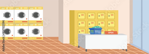Laundry shop. Laundry cashier. Locker. Washing machine.