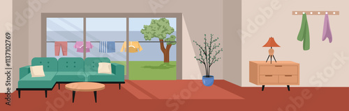 Home interior building. Drying clothes in the backyard. Modern home. Minimalist furniture. Table. Living room. Clothesline.