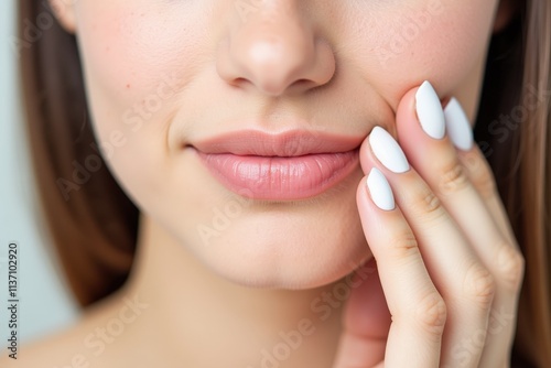 Close-up of a Woman's Face Showcasing Her Perfectly Manicured White Nails and Lips, Ideal for Beauty and Cosmetic Advertisements