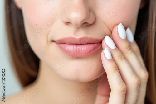 Obraz Close-up of a Woman's Face Showcasing Her Perfectly Manicured White Nails and Lips, Ideal for Beauty and Cosmetic Advertisements