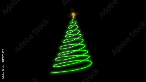 Animated green Christmas tree with glow effect. Isolated on a black background. Alpha channel.