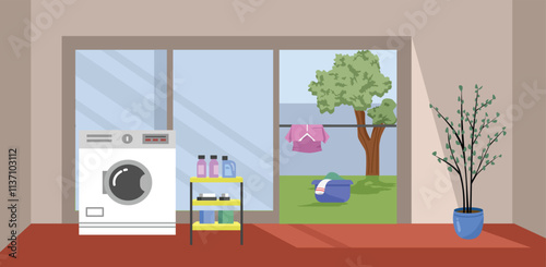 Washing room. Laundry. Drying clothes. Glass door. Washing machine. Detergent shelf. Clothesline.
