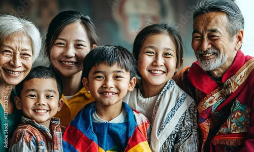Happy family portrait featuring multiple generations with children and elders smiling together in a warm and vibrant atmosphere, showcasing love and connection with ai generated.