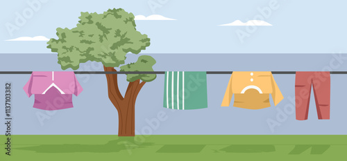 Backyard. Clothesline in the backyard. Washing clothes. Shirts. Towel. Tree. Grass. Sunny day. Laundry day. Wet clothes.