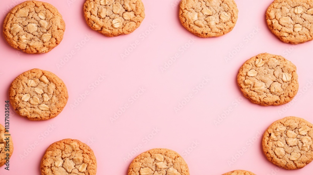 Freshly Baked Oatmeal Cookies Surrounding a Soft Pink Background, Perfect for Baking Blogs, Treat Recipes, or Sweet Dessert Promotions Freshly Baked Oatmeal Cookies Surrounding a Soft Pink Background, Perfect for Baking Blogs, Treat Recipes, or Sweet Dessert Promotions