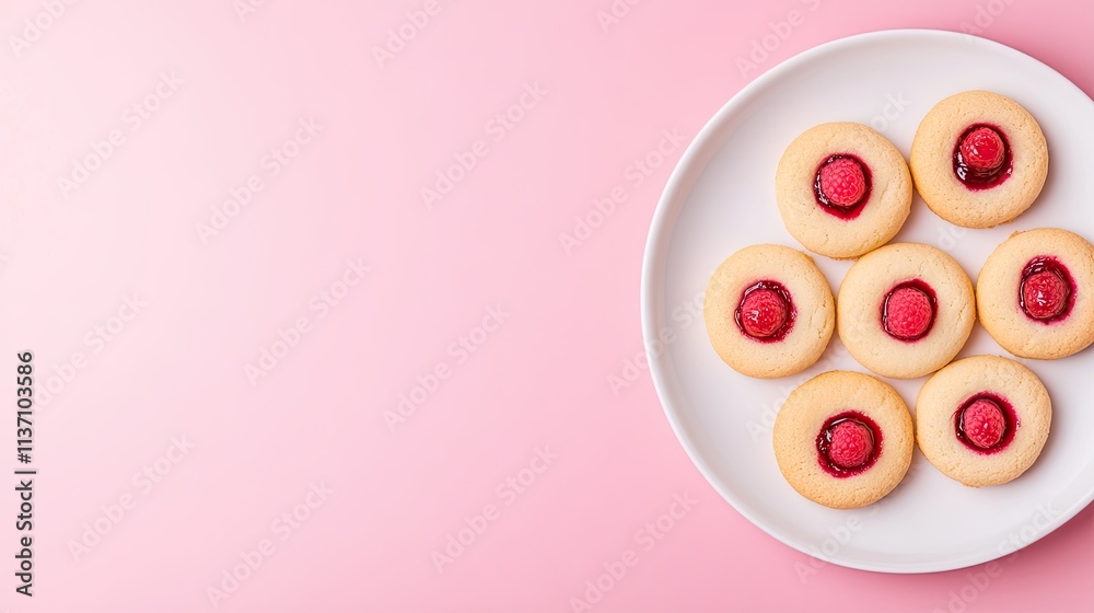 Delicious round cookies with raspberry jam filling arranged neatly on a white plate against a soft pink background, perfect for baking and dessert concepts. Delicious round cookies with raspberry jam filling arranged neatly on a white plate against a soft pink background, perfect for baking and dessert concepts.