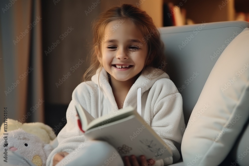 Cute little girl reading a book while sitting on sofa at home Cute little girl reading a book while sitting on sofa at home