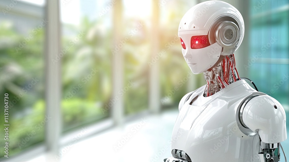 Futuristic humanoid robot with glowing red eyes showcases advanced technology in a bright, modern indoor setting emphasizing innovation and robotics. Futuristic humanoid robot with glowing red eyes showcases advanced technology in a bright, modern indoor setting emphasizing innovation and robotics.