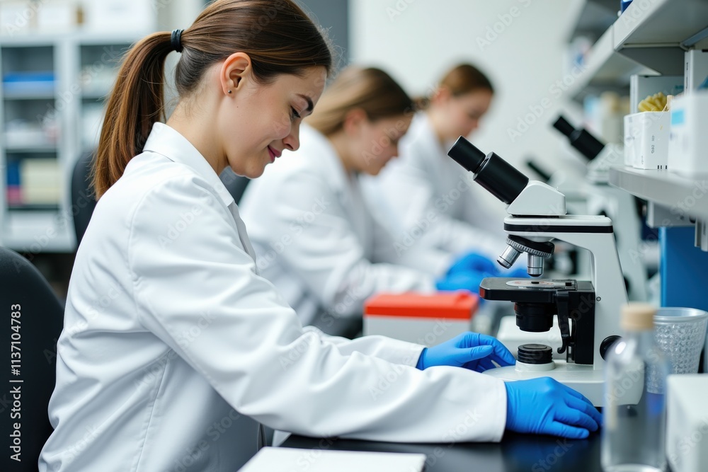 Focused Scientists in White Lab Coats Conducting Research in Modern Laboratory Setting, Ideal for Science Education and Medical Advertising Focused Scientists in White Lab Coats Conducting Research in Modern Laboratory Setting, Ideal for Science Education and Medical Advertising