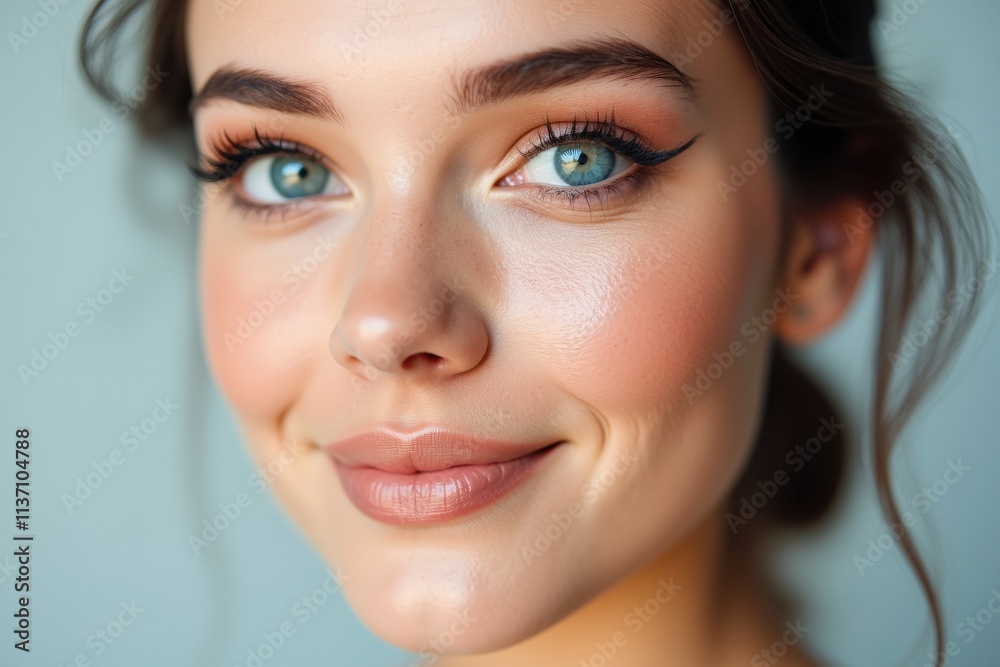 Capture the Beauty of a Radiant Young Woman with Striking Blue Eyes and Natural Makeup for Advertising and Social Media Campaigns Capture the Beauty of a Radiant Young Woman with Striking Blue Eyes and Natural Makeup for Advertising and Social Media Campaigns