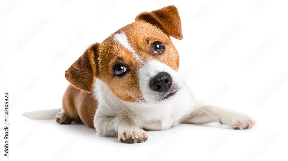 Adorable Brown and White Dog with Expressive Eyes Resting on White Background, Capturing Playful Spirit and Friendly Nature of Canine Companions Adorable Brown and White Dog with Expressive Eyes Resting on White Background, Capturing Playful Spirit and Friendly Nature of Canine Companions