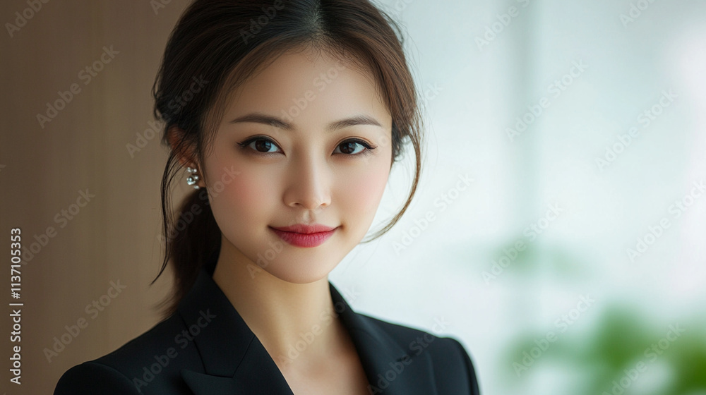 Professional portrait of an elegant young woman in a black blazer with a confident smile and soft makeup in a bright office setting with natural light Professional portrait of an elegant young woman in a black blazer with a confident smile and soft makeup in a bright office setting with natural light