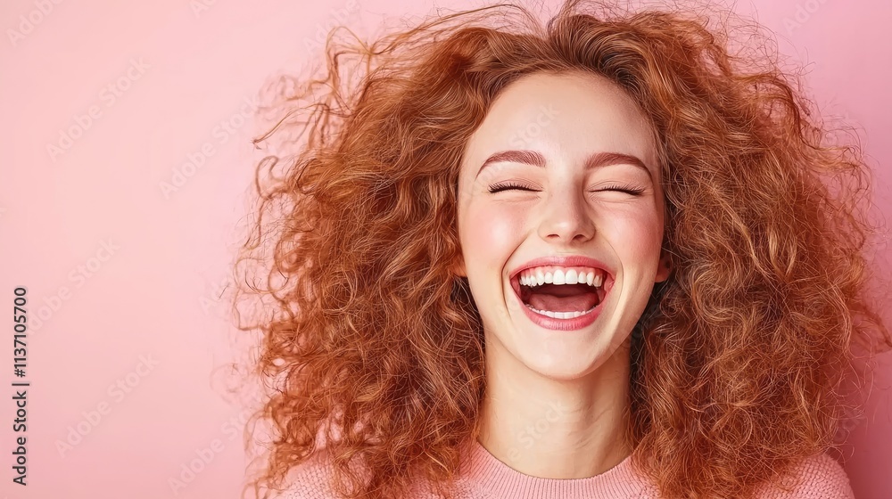 Joyful Young Woman with Vibrant Curly Hair Laughing Heartily Against a Soft Pink Background, Capturing Pure Happiness and Positive Energy in a Lively Portrait Joyful Young Woman with Vibrant Curly Hair Laughing Heartily Against a Soft Pink Background, Capturing Pure Happiness and Positive Energy in a Lively Portrait