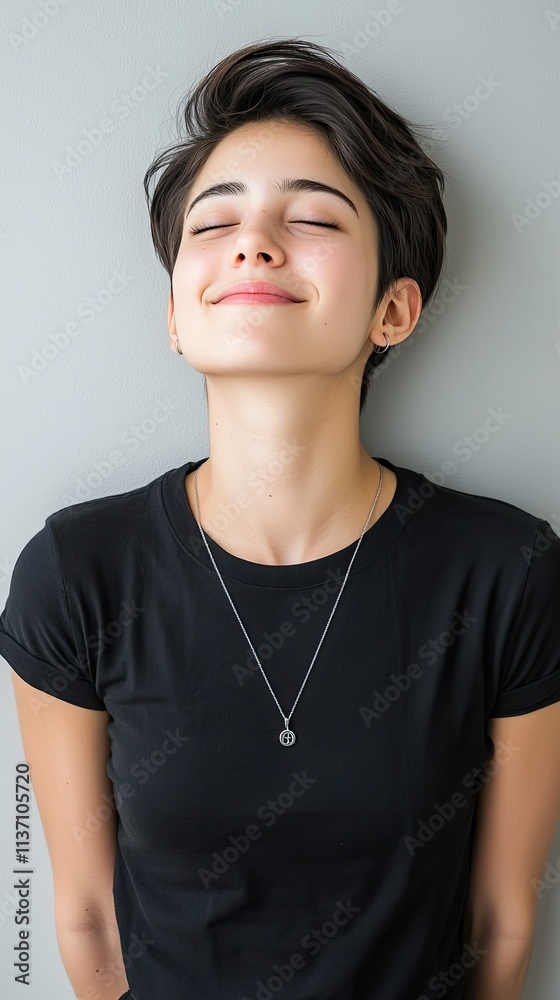 Young woman with short hair smiling against a plain gray wall, showcasing a sense of confidence and joy, wearing a simple black t-shirt and delicate necklace. Young woman with short hair smiling against a plain gray wall, showcasing a sense of confidence and joy, wearing a simple black t-shirt and delicate necklace.