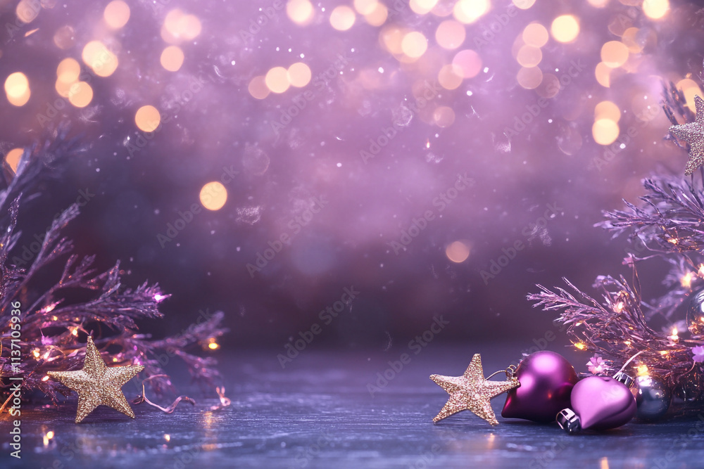 Fototapeta premium Colorful holiday decoration with purple lights and festive ornaments in a cozy setting