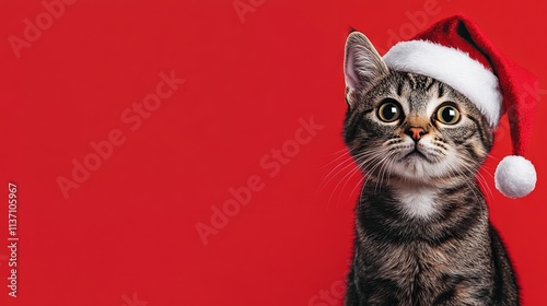 Obraz na płótnie cat wearing santa clause costume and hat for christmas celebration. kitten wearing santa clause hat w salonie