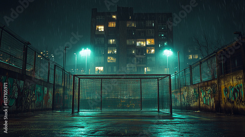 show a hyper realistic football cage set in east london dark at night with lights and lots of street art 
