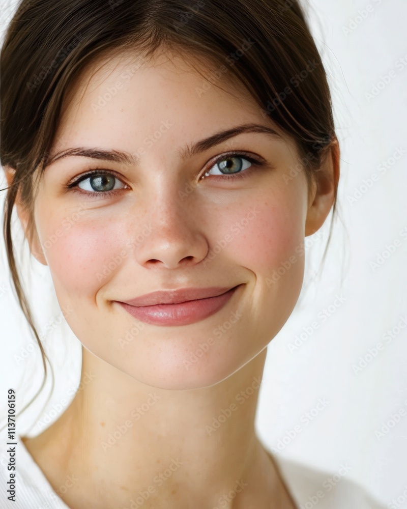 Naklejka premium A confident young female entrepreneur, close-up portrait, smiling warmly, soft studio lighting, plain white background,