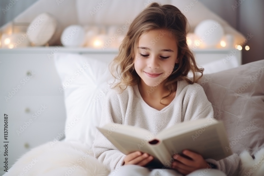 Portrait of a cute little girl reading book in bed at home Portrait of a cute little girl reading book in bed at home