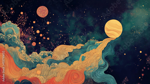 Cosmic Waves: Celestial Dreamscape Jewel Tone Art