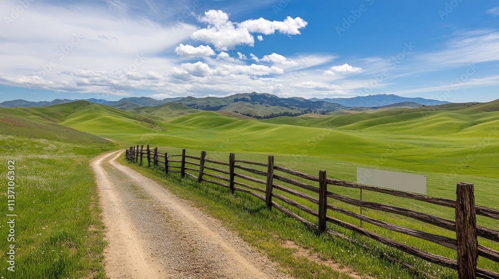 Scenic Dirt Road Surrounded by Lush Green Hills Under a Bright Blue Sky with Fluffy White Clouds in a Serene Countryside Landscape Scenic Dirt Road Surrounded by Lush Green Hills Under a Bright Blue Sky with Fluffy White Clouds in a Serene Countryside Landscape