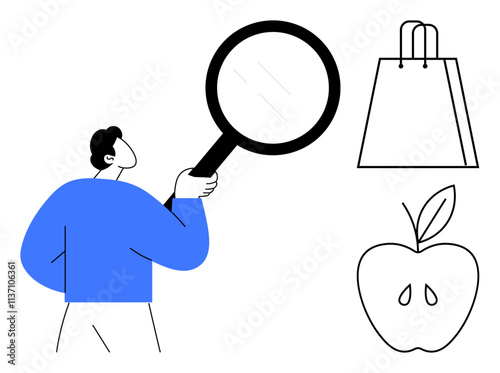 Man holding a magnifying glass, examining a shopping bag and an apple. Ideal for quality control, product inspection, consumer awareness, retail analysis, healthy eating, educational materials