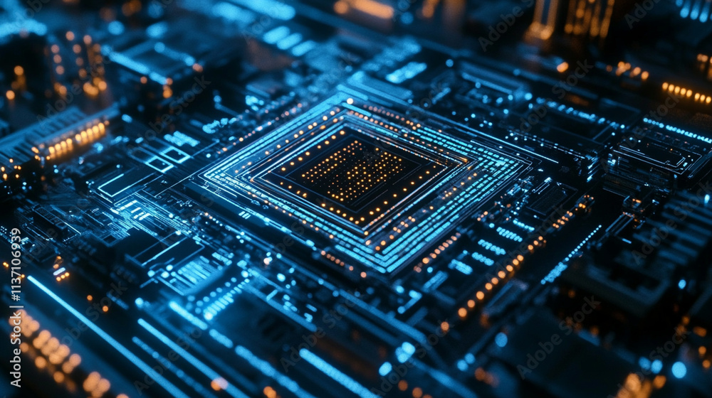 Futuristic Close-Up of a High-Tech Microchip Circuit Board with Luminous Blue and Orange Lights, Displaying Intricate Electronic Details