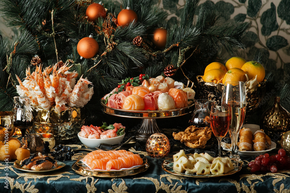 Festive seafood feast with sushi and fruits set in a decorated dining space Festive seafood feast with sushi and fruits set in a decorated dining space
