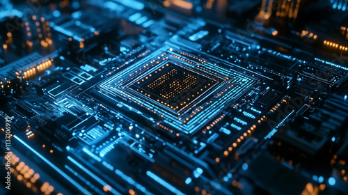 Obraz na płótnie Futuristic Close-Up of a High-Tech Microchip Circuit Board with Luminous Blue and Orange Lights, Displaying Intricate Electronic Details w salonie