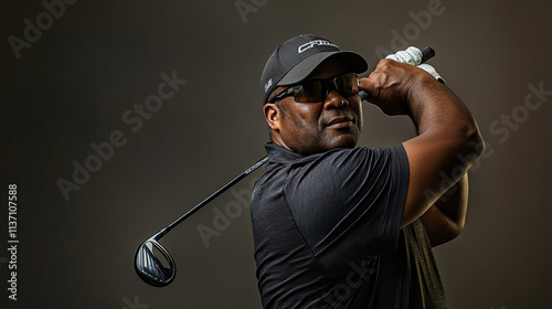 Visually Impaired Golfer: Skillful Swing, Confident Pose, Muted Tones
