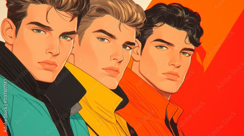 Three Smiling Men in Retro Jackets - 70s Style Portrait Three Smiling Men in Retro Jackets - 70s Style Portrait