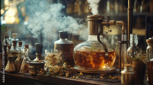 Antique Vapor Infusion Apparatus with Gin Botanicals
