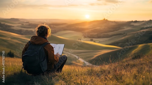 Person sketching scenic landscape at sunset