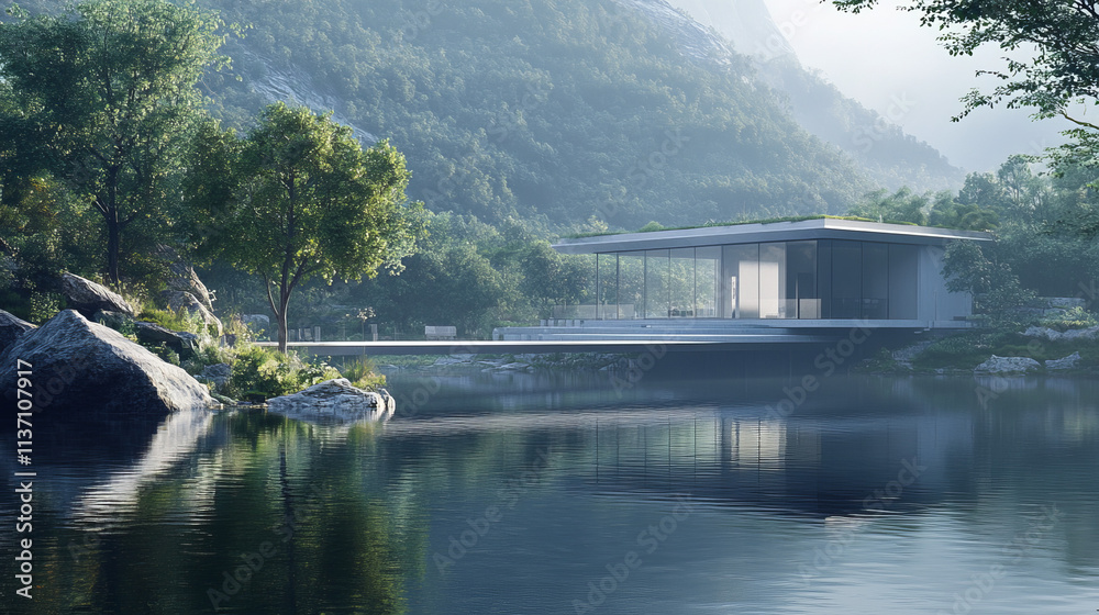 Serene Lake House Minimalist Architecture 3D Rendering Serene Lake House Minimalist Architecture 3D Rendering