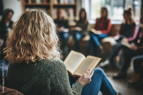 Book Club Meeting: Woman Reading, Attentive Audience, Cozy Atmosphere