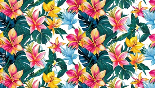 Vibrant Tropical Flowers and Lush Green Leaves Pattern