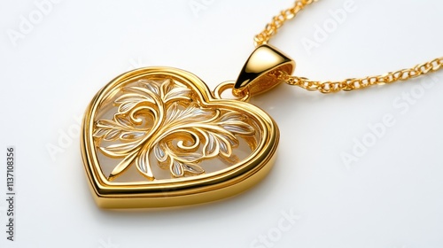 Elegant gold heart pendant necklace with intricate floral engravings, perfect for romantic gifts, anniversaries, and special occasions showcasing craftsmanship and beauty. photo