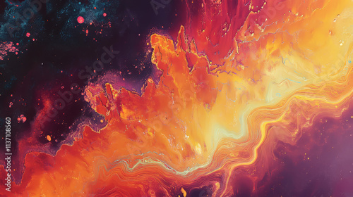 Quantum Landscape: Fiery Orange and Teal Abstract Painting