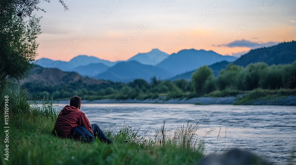 Man Contemplating Serene River Landscape Sunset Mountains Man Contemplating Serene River Landscape Sunset Mountains