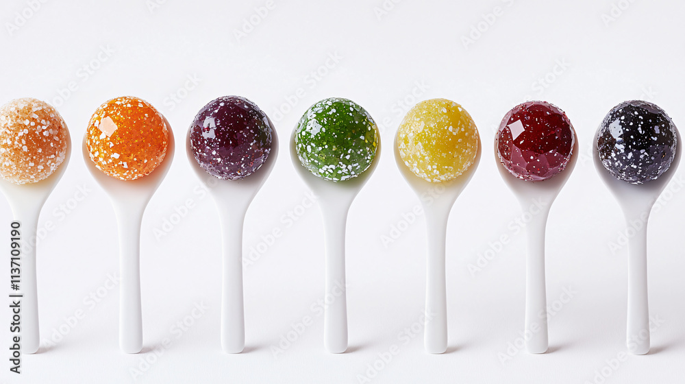 exotic seasoning spheres meticulously positioned on minimalist white spoons exotic seasoning spheres meticulously positioned on minimalist white spoons